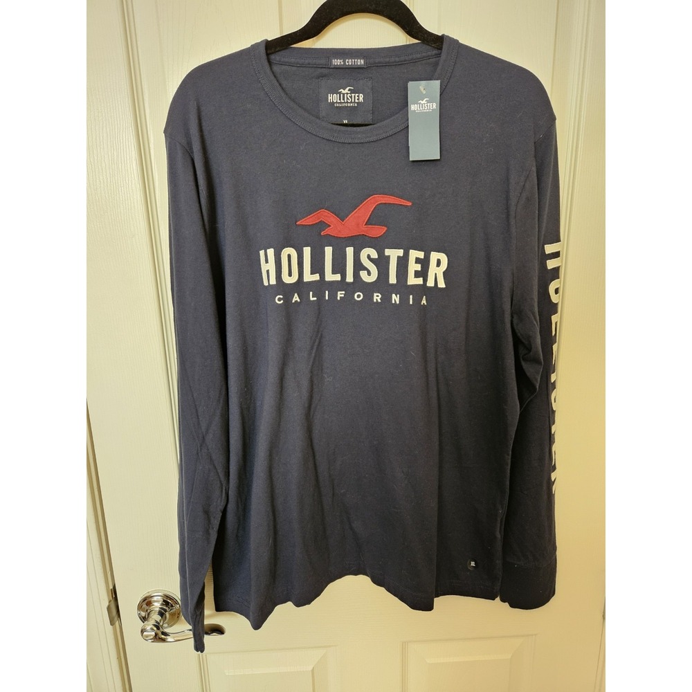 NWT Hollister Men's Navy Blue Long Sleeve Embroidered 100% Cotton T-Shirt, XL